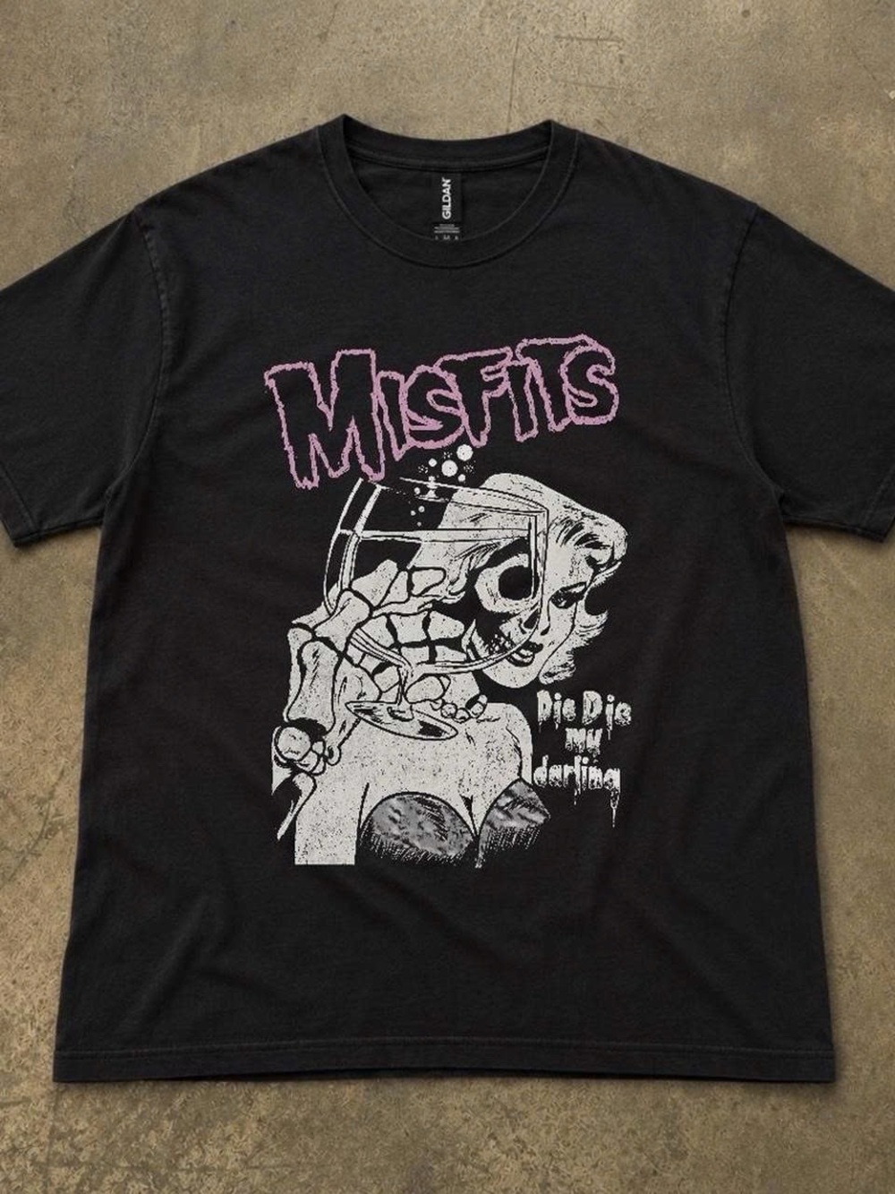 Gildan Black Misfits Tee with Pink & White Graphic